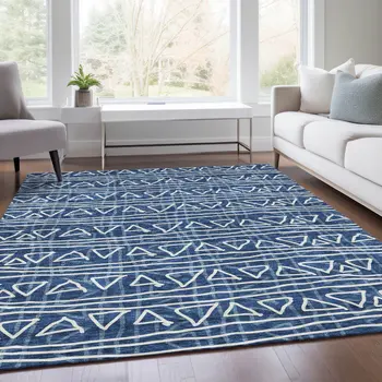 8' X 10' Navy Blue And Ivory Geometric Washable Indoor Outdoor Area Rug