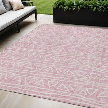 5' X 8' Pink And Ivory Geometric Washable Indoor Outdoor Area Rug