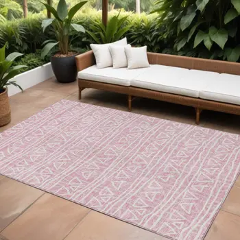 8' X 10' Pink And Ivory Geometric Washable Indoor Outdoor Area Rug