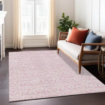 8' X 10' Pink And Ivory Geometric Washable Indoor Outdoor Area Rug