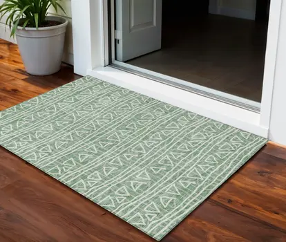 3' X 5' Sage Green And Ivory Geometric Washable Indoor Outdoor Area Rug