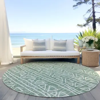8' Sage Green And Ivory Round Geometric Washable Indoor Outdoor Area Rug