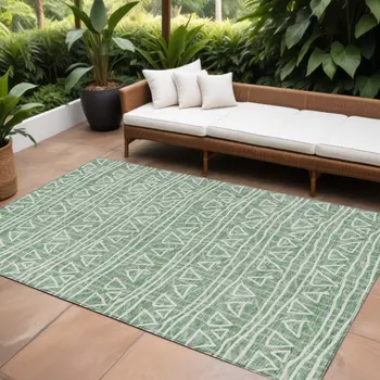 9' X 12' Sage Green And Ivory Geometric Washable Indoor Outdoor Area Rug