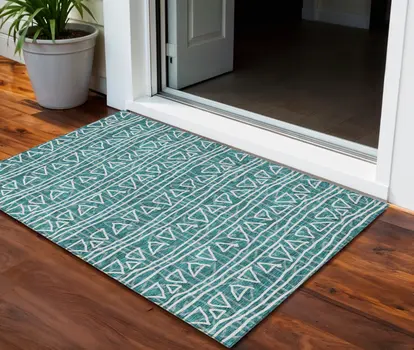 3' X 5' Teal Blue And Ivory Geometric Washable Indoor Outdoor Area Rug