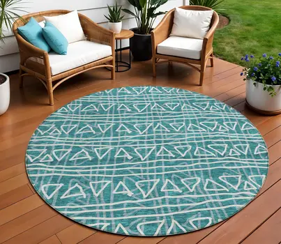 8' Teal Blue And Ivory Round Geometric Washable Indoor Outdoor Area Rug