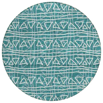 8' Teal Blue And Ivory Round Geometric Washable Indoor Outdoor Area Rug