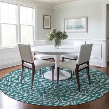 8' Teal Blue And Ivory Round Geometric Washable Indoor Outdoor Area Rug