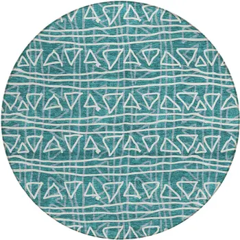 8' Teal Blue And Ivory Round Geometric Washable Indoor Outdoor Area Rug