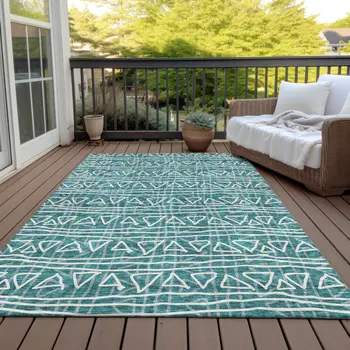 9' X 12' Teal Blue And Ivory Geometric Washable Indoor Outdoor Area Rug