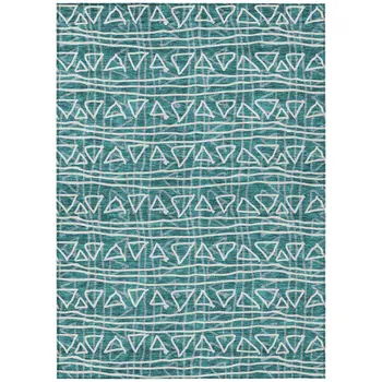 9' X 12' Teal Blue And Ivory Geometric Washable Indoor Outdoor Area Rug