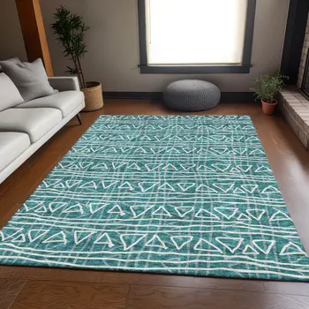 9' X 12' Teal Blue And Ivory Geometric Washable Indoor Outdoor Area Rug