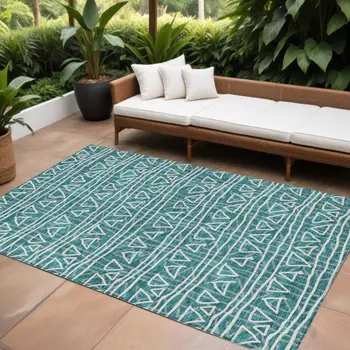 10' X 14' Teal Blue And Ivory Geometric Washable Indoor Outdoor Area Rug