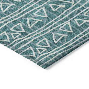 10' X 14' Teal Blue And Ivory Geometric Washable Indoor Outdoor Area Rug