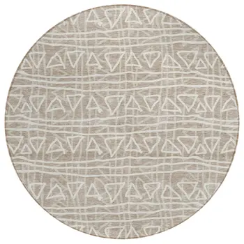 8' Taupe And Beige Round Geometric Washable Indoor Outdoor Area Rug