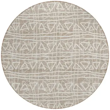 8' Taupe And Beige Round Geometric Washable Indoor Outdoor Area Rug