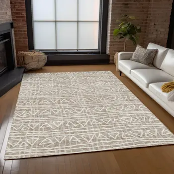 10' X 14' Taupe And Beige Geometric Washable Indoor Outdoor Area Rug