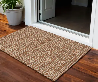 3' X 5' Terra Cotta Copper And Beige Geometric Washable Indoor Outdoor Area Rug