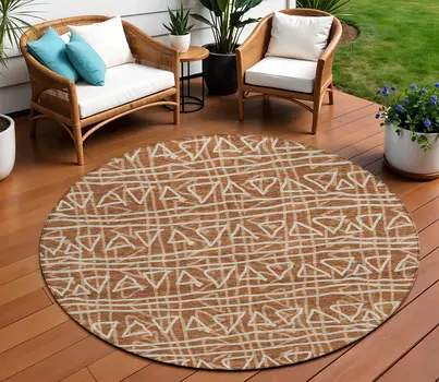 8' Terra Cotta Copper And Beige Round Geometric Washable Indoor Outdoor Area Rug