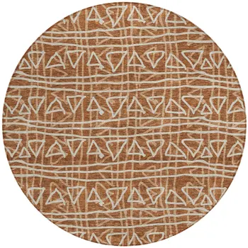 8' Terra Cotta Copper And Beige Round Geometric Washable Indoor Outdoor Area Rug