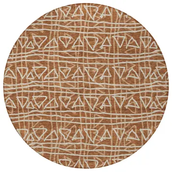 8' Terra Cotta Copper And Beige Round Geometric Washable Indoor Outdoor Area Rug