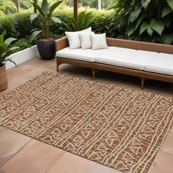 8' X 10' Terra Cotta Copper And Beige Geometric Washable Indoor Outdoor Area Rug
