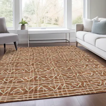 10' X 14' Terra Cotta Copper And Beige Geometric Washable Indoor Outdoor Area Rug