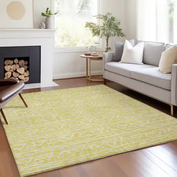 3' X 5' Yellow And Ivory Geometric Washable Indoor Outdoor Area Rug