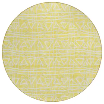 8' Yellow And Ivory Round Geometric Washable Indoor Outdoor Area Rug