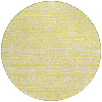 8' Yellow And Ivory Round Geometric Washable Indoor Outdoor Area Rug