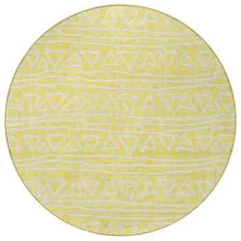8' Yellow And Ivory Round Geometric Washable Indoor Outdoor Area Rug