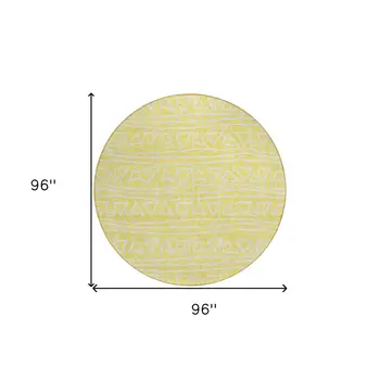 8' Yellow And Ivory Round Geometric Washable Indoor Outdoor Area Rug