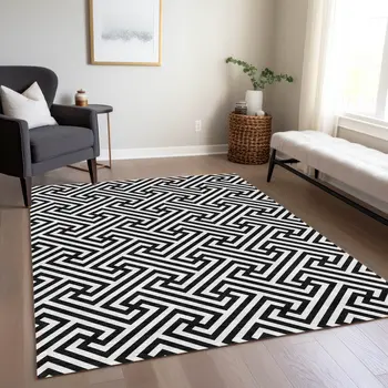 3' X 5' Black And Ivory Geometric Washable Indoor Outdoor Area Rug