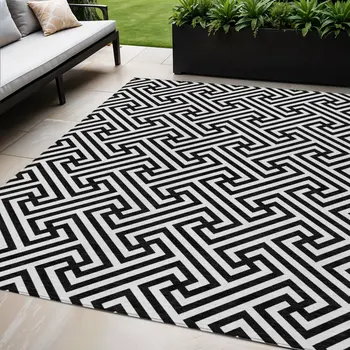 5' X 8' Black And Ivory Geometric Washable Indoor Outdoor Area Rug