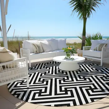 8' Black And Ivory Round Geometric Washable Indoor Outdoor Area Rug