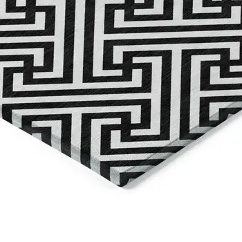 8' Black And Ivory Round Geometric Washable Indoor Outdoor Area Rug
