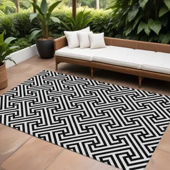 9' X 12' Black And Ivory Geometric Washable Indoor Outdoor Area Rug