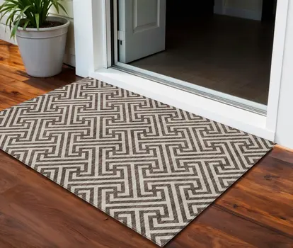 3' X 5' Brown And Beige Geometric Washable Indoor Outdoor Area Rug