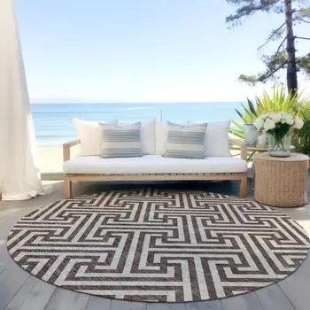 8' Brown And Beige Round Geometric Washable Indoor Outdoor Area Rug