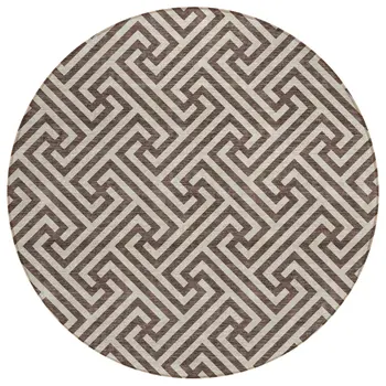 8' Brown And Beige Round Geometric Washable Indoor Outdoor Area Rug