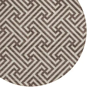 8' Brown And Beige Round Geometric Washable Indoor Outdoor Area Rug
