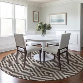 8' Brown And Beige Round Geometric Washable Indoor Outdoor Area Rug