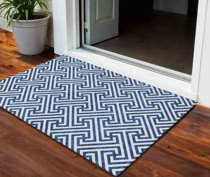 3' X 5' Blue And Ivory Geometric Washable Indoor Outdoor Area Rug