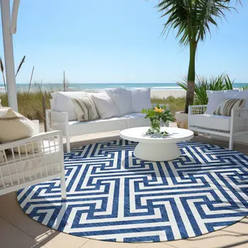 8' Blue And Ivory Round Geometric Washable Indoor Outdoor Area Rug