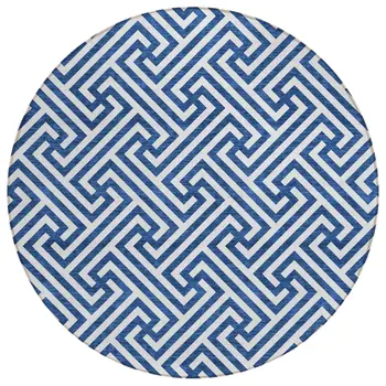 8' Blue And Ivory Round Geometric Washable Indoor Outdoor Area Rug