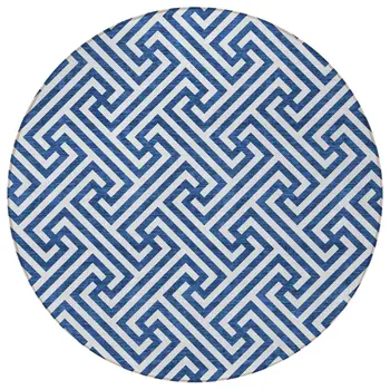 8' Blue And Ivory Round Geometric Washable Indoor Outdoor Area Rug