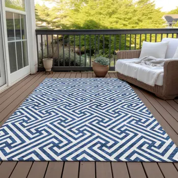 8' X 10' Blue And Ivory Geometric Washable Indoor Outdoor Area Rug