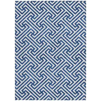 9' X 12' Blue And Ivory Geometric Washable Indoor Outdoor Area Rug
