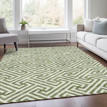 5' X 8' Green And Beige Geometric Washable Indoor Outdoor Area Rug