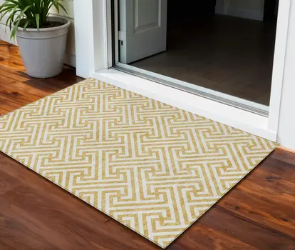3' X 5' Gold And Ivory Geometric Washable Indoor Outdoor Area Rug