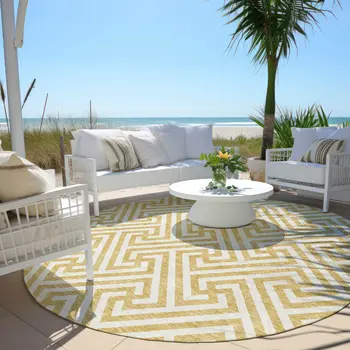 8' Gold And Ivory Round Geometric Washable Indoor Outdoor Area Rug